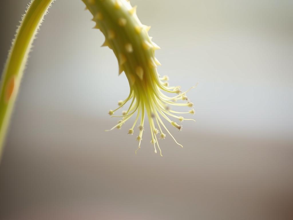A close-up view of an air plant's flower stalk, delicately covered in small pollen-bearing anthers. The scene is illuminated by soft, diffuse natural lighting, capturing the intricate details of this botanical process. The background is blurred, allowing the viewer to focus on the central subject - the captivating fertilization mechanism of the air plant. The composition emphasizes the graceful, curving form of the flower stalk, conveying a sense of organic beauty and the delicate balance of nature.