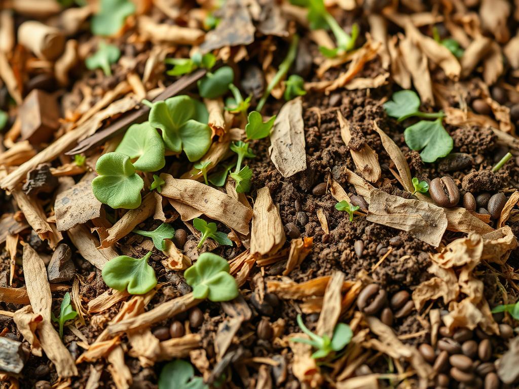 A close-up, well-lit, macro photograph of a diverse array of organic compost materials, including shredded brown carbon-rich materials like dry leaves, newspaper, and cardboard, interspersed with green nitrogen-rich materials like fruit and vegetable scraps, grass clippings, and coffee grounds. The composition showcases the harmonious blend of textures, colors, and sizes of the carbon and nitrogen-rich elements that create the ideal balance for a thriving compost pile. The image is captured from a slightly elevated angle, emphasizing the detailed, three-dimensional structure of the compost, with a shallow depth of field that gently blurs the background, focusing the viewer's attention on the essential components of a healthy, nutrient-rich compost.