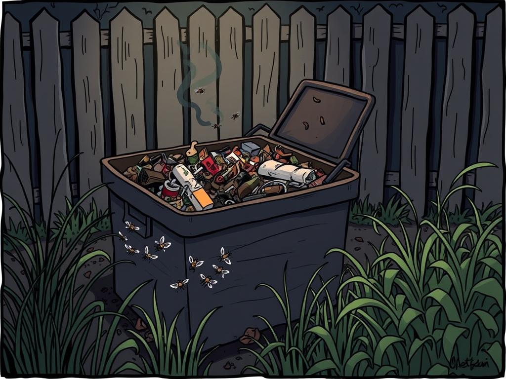 A cluttered compost bin with partially decomposed organic matter, surrounded by a neglected garden scene. Dim, moody lighting casts deep shadows, hinting at the trouble brewing. In the foreground, a swarm of flies hovers around the bin's open lid, suggesting a pungent odor. Weeds and overgrown vegetation creep into the frame, symbolizing the slowdown in the composting process. A wooden fence in the background frames the scene, adding a sense of confinement and the need for intervention. This image captures the common challenges faced by beginner composters, setting the stage for the "Troubleshooting smell, pests, and slowdowns" section of the article.