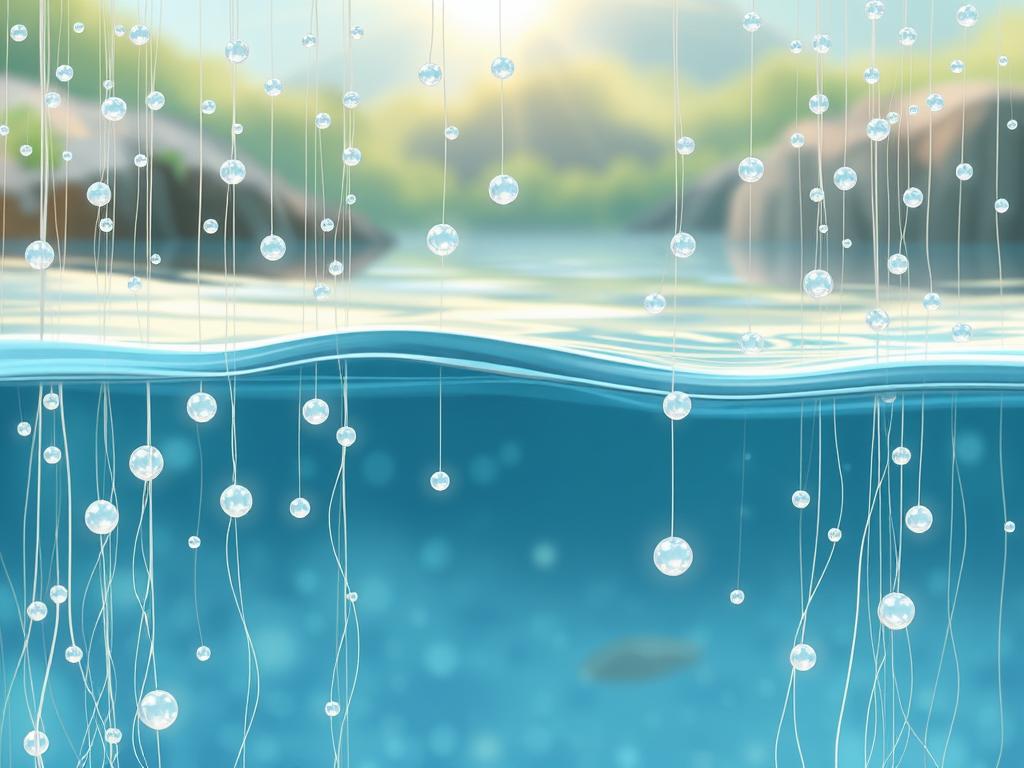 A crystalline stream flows gracefully, its surface rippling with delicate water pearls suspended on translucent threads. The pearls catch the soft, diffused light, glistening with an ethereal, otherworldly quality. In the foreground, the water propagation strings sway gently, their intricate, interconnected patterns forming a mesmerizing display. The background fades into a serene, blurred landscape, allowing the pearls to take center stage. The overall scene exudes a sense of tranquility and natural wonder, inviting the viewer to pause and appreciate the delicate beauty of this unique propagation method.