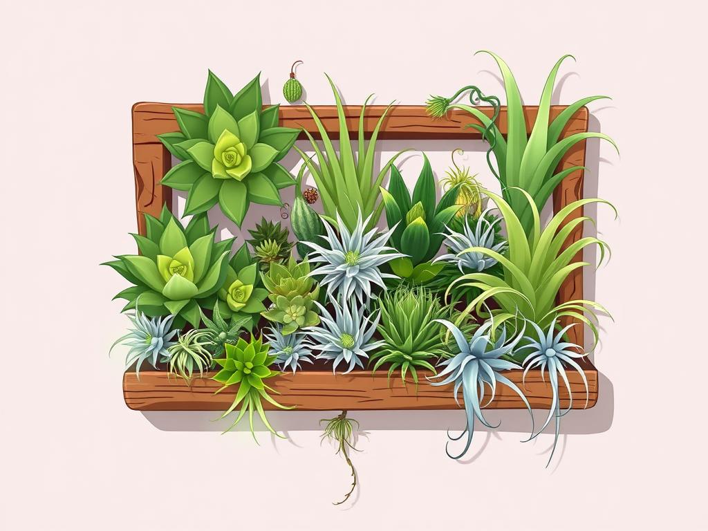 A lush, minimalist display of various air plants arranged artfully on a rustic wooden shelf or wall-mounted frame. The plants are showcased in an array of shapes, sizes, and hues, from vibrant green rosettes to delicate, silvery-gray tillandsias. Soft, diffused lighting gently illuminates the scene, accentuating the plants' intricate textures and creating a serene, natural ambiance. The composition is balanced and visually striking, inspiring viewers to consider creative ways to showcase their own air plant collections.