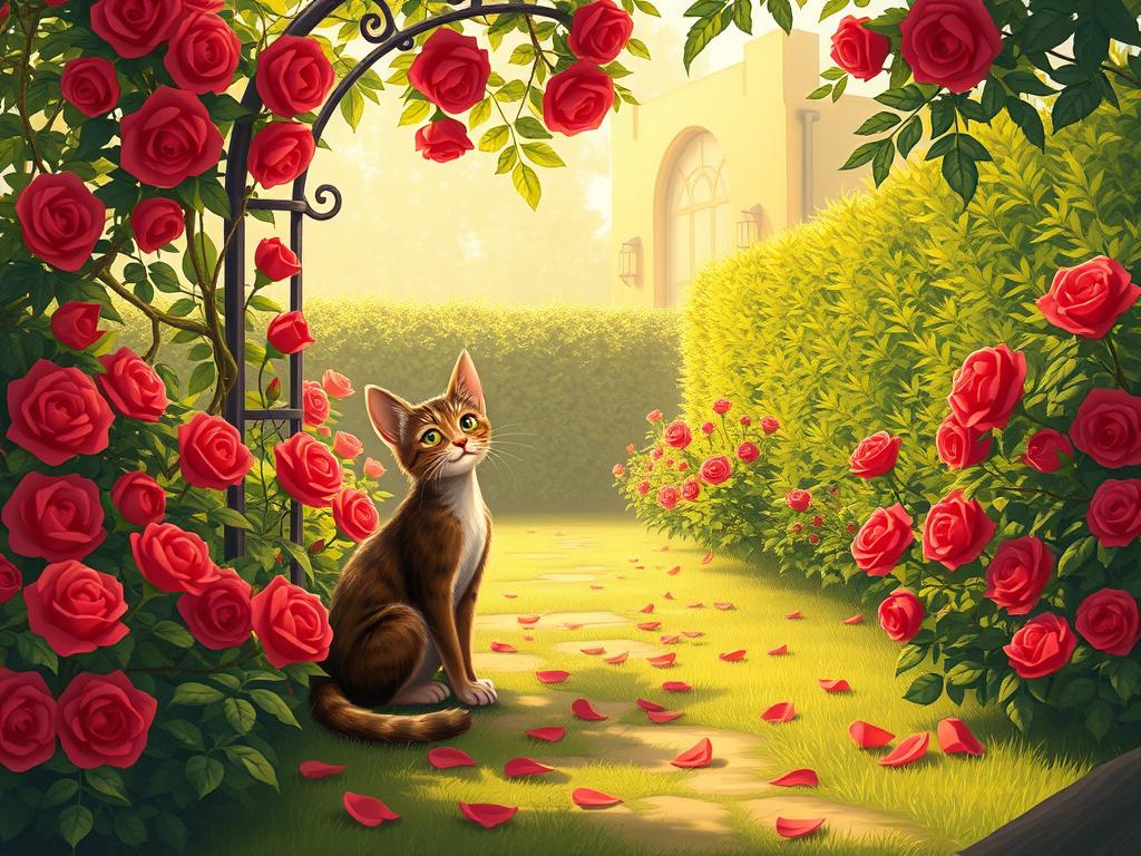 A lush, sun-dappled garden filled with vibrant red roses, their vines gracefully entwined around an ornate trellis. In the foreground, a curious tabby cat sits among the blooms, its fur glistening as it gazes intently, tail flicking with interest. The middle ground features a scattering of fallen petals and a soft, grassy path leading the eye deeper into the scene. In the background, a row of verdant hedges frames the tranquil setting, creating a sense of enclosure and intimacy. Soft, warm lighting filters through the leaves, casting a gentle glow over the entire composition. The overall mood is one of peaceful coexistence between nature and the feline companion.