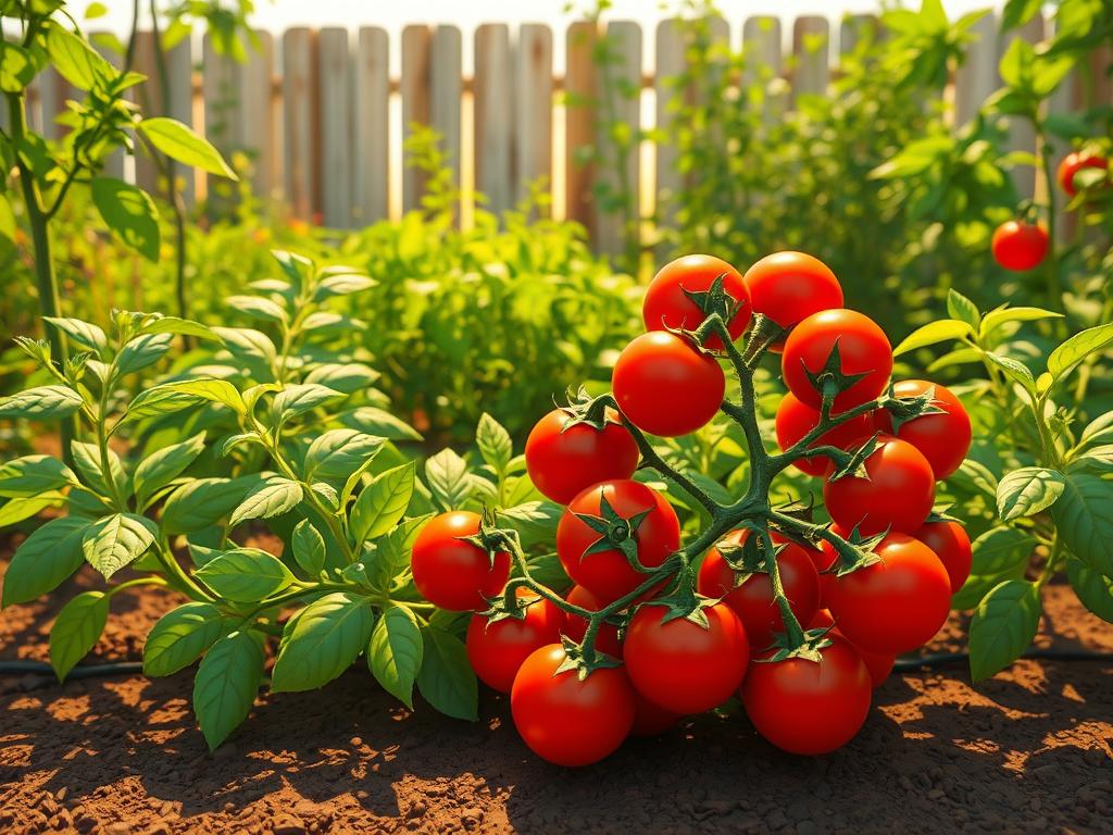 A lush, thriving garden in warm sunlight, with a cluster of plump, glistening cherry tomatoes in the foreground. The tomatoes have a deep red hue and are nestled among their verdant foliage, casting soft shadows on the rich, loamy soil. In the middle ground, a variety of other small-space-friendly plants, such as leafy greens and herbs, create a bountiful, well-tended scene. The background features a weathered wooden fence or trellis, adding a rustic, homey feel to the composition. The lighting is soft and diffused, creating a natural, inviting atmosphere, perfect for showcasing the high-yield potential and proven varieties suitable for small-space gardening.