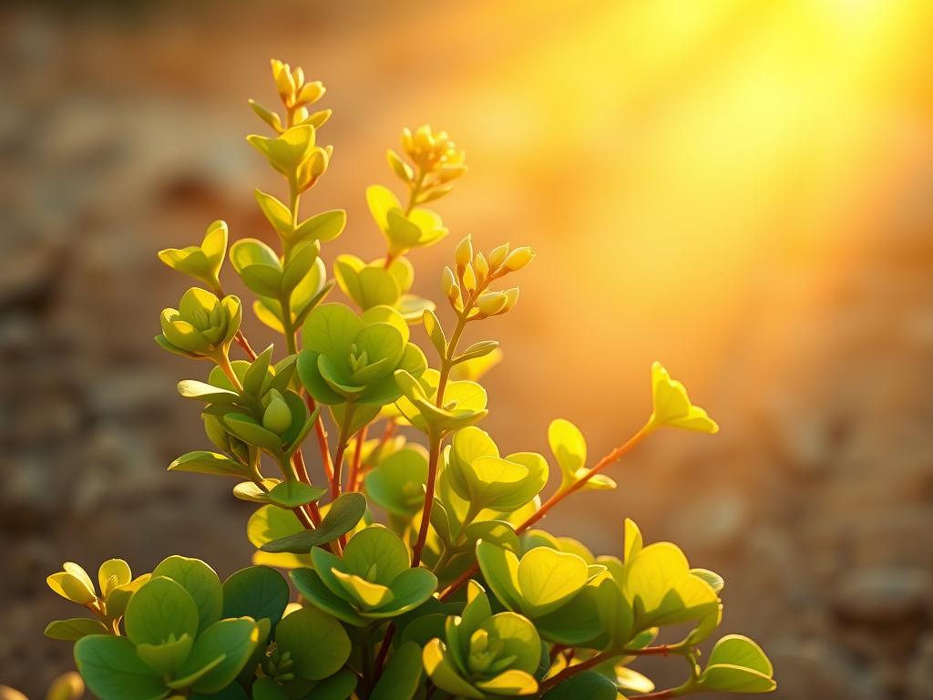 A lush, thriving kalanchoe plant basking in warm, diffused sunlight. The fleshy, green leaves catch the golden rays, creating a soft, glowing effect. The plant is positioned in the foreground, its delicate blooms reaching towards the light. In the middle ground, a subtle backdrop of earthy tones and gentle shadows adds depth and dimension. The lighting is natural and atmospheric, with a slight hazy quality that evokes a sense of serenity and balance. The overall composition showcases the kalanchoe's ability to thrive in an outdoor setting, highlighting its resilience and beauty.