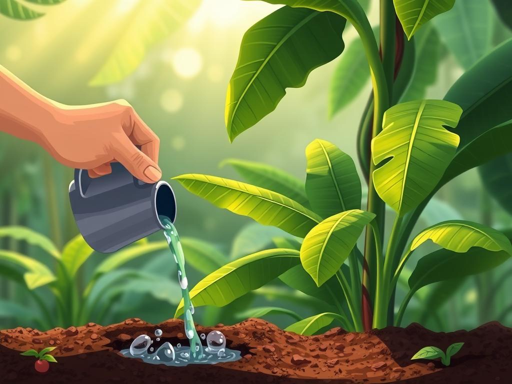 A lush, tropical scene showcasing the care and cultivation of a healthy banana plant. In the foreground, a human hand gently waters the rich, moist soil, ensuring the plant's roots receive the necessary hydration. The midground features the vibrant, glossy leaves of the banana plant, their verdant hues radiating a sense of thriving life. In the background, a hazy, humid atmosphere evokes the ideal environment for the plant's growth, with soft, diffused lighting illuminating the scene. The composition emphasizes the harmony between the essential elements of watering, humidity, and soil quality that are crucial for the optimal care and maintenance of a thriving banana plant.