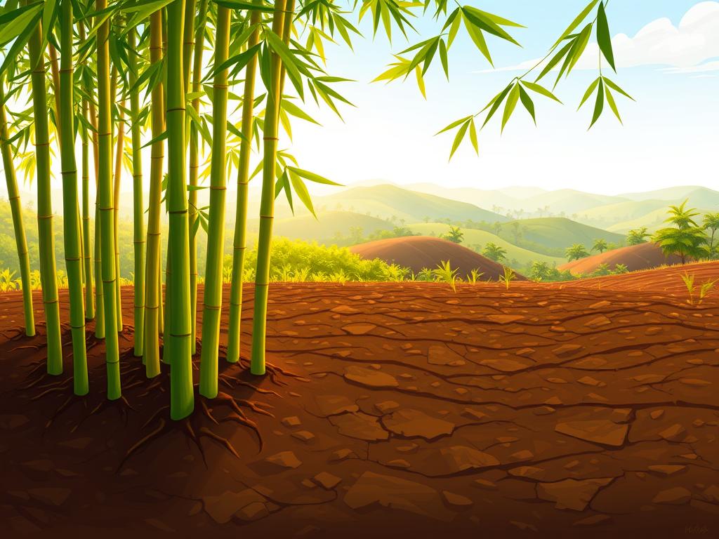 A lush, verdant bamboo grove thriving in a diverse landscape. In the foreground, thick bamboo stalks sway gently, their vibrant green leaves catching the warm, diffused sunlight. The middle ground reveals a rich, loamy soil, dark and nutrient-dense, supporting the bamboo's robust root system. In the background, rolling hills and a hazy, blue sky create a serene, natural backdrop, conveying the adaptability of bamboo to various climates and soil conditions. The scene is captured with a wide-angle lens, highlighting the scale and grandeur of the bamboo's growth. The overall mood is one of harmony and the delicate balance between the plant, soil, and environment.
