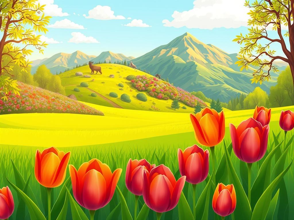 A lush, verdant landscape featuring vibrant tulips in the foreground, their petals gently swaying in a soft breeze. In the middle ground, a rolling hill dotted with various flora and fauna, creating a sense of depth and dimension. The background showcases a picturesque mountain range, its peaks touched by the warm, golden light of the sun. The overall scene conveys a sense of tranquility and harmony, reflecting the diverse microclimates that can affect the bloom times of tulips across different regions and zones.