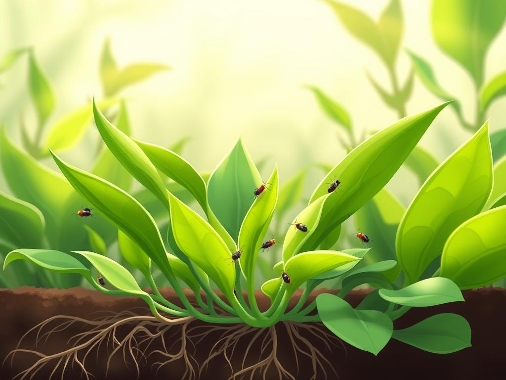 A lush, verdant rattlesnake plant takes center stage, its vibrant leaves unfurling in the soft, diffused light. In the foreground, a delicate network of roots spreads beneath the soil, symbolizing the plant's underground propagation. In the middle ground, tiny insects scurry across the leaves, their movement captured in sharp detail, hinting at the challenges of pest management. The background fades into a hazy, atmospheric setting, evoking a sense of tranquility and the delicate balance of nature. Captured with a wide-angle lens, the scene exudes a sense of harmony and the interconnectedness of the rattlesnake plant's growth and care.