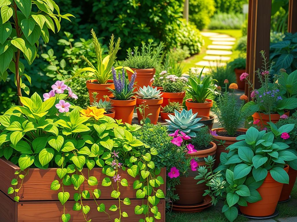 A lush, vibrant arrangement of thriving container plants in a sun-dappled garden setting. In the foreground, a variety of leafy greens, trailing vines, and colorful blooms spill over the edges of a rustic wooden planter. The middle ground features a cluster of terracotta pots housing a mix of succulents, herbs, and compact flowering plants. In the background, a backdrop of verdant foliage and a glimpse of a charming garden path create a sense of depth and tranquility. The lighting is soft and natural, casting gentle shadows and highlights that accentuate the textures and details of the plants. The overall composition evokes a feeling of abundance, vitality, and the joys of small-space gardening.