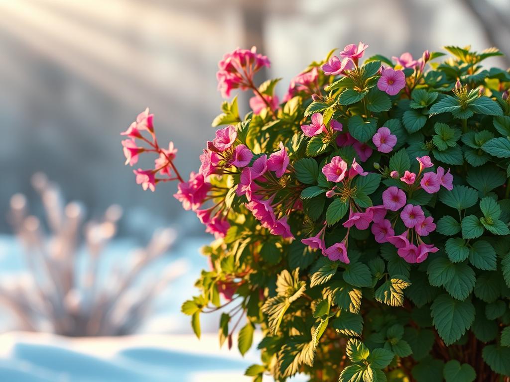 A lush, vibrant citronella geranium plant set against a softly blurred winter landscape. The geranium's dense, green foliage and delicate pink flowers stand in striking contrast to the muted, snowy background. Warm, diffused lighting illuminates the scene, casting gentle shadows and highlights that accentuate the plant's intricate textures. The composition places the geranium in the foreground, allowing it to take center stage, while the blurred, hazy background suggests a tranquil, serene setting. The overall mood evokes a sense of resilience and the ability of this hardy plant to thrive even in the colder months.
