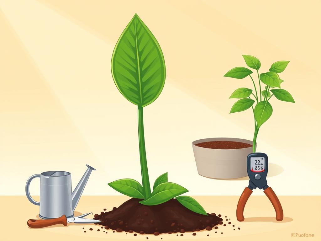 A lush, vibrant composition showcasing the essential elements for caring for a thriving Syngonium, or arrowhead plant. In the foreground, an artfully arranged display features a healthy, verdant Syngonium specimen alongside essential tools: a small watering can, a pair of pruning shears, and a moisture meter. The middle ground depicts a potting mix-filled planter, hinting at the plant's preferred soil conditions. In the background, a minimalist, softly-lit studio setting creates a serene, educational atmosphere, emphasizing the subject's importance. Warm, directional lighting casts gentle shadows, accentuating the plant's unique foliage and the tools' materiality. The overall tone is one of practical guidance and horticultural expertise, perfectly suited to illustrate the "Key Strategies for arrowhead plant care" section.