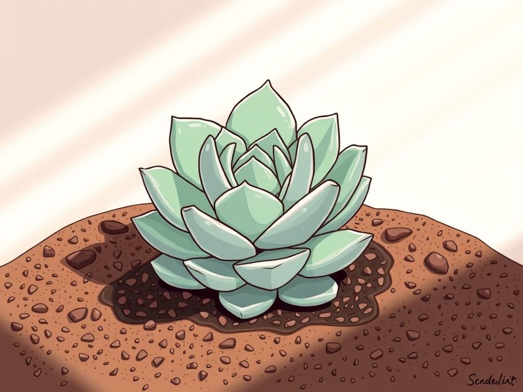 A neatly arranged composition showcasing the essentials of succulent plant care - a close-up view of a thriving succulent planted in rich, light-reflecting soil, bathed in soft, directional natural lighting that accentuates the plant's lush, water-filled leaves. The soil texture is visibly porous and well-aerated, with a hint of organic matter. The lighting creates a tranquil, serene atmosphere, drawing the viewer's attention to the succulent's delicate details and healthy appearance, encapsulating the principles of mastering light, water, and soil for optimal succulent cultivation.