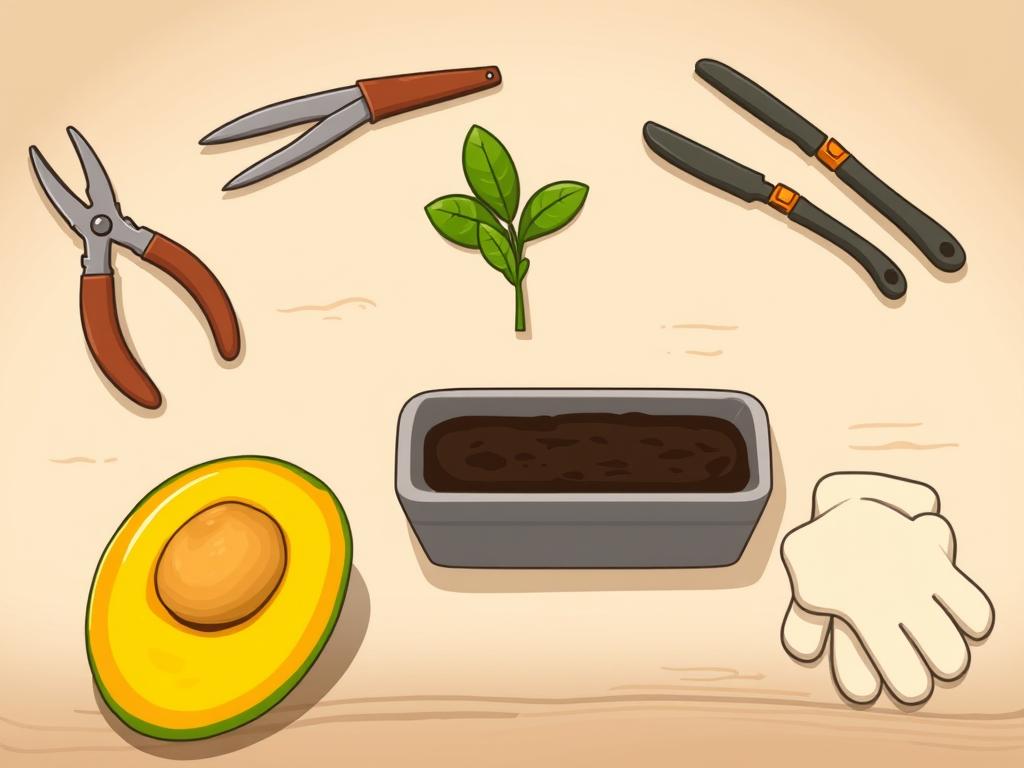 A neatly arranged tabletop showcasing the essential materials for mango seed preparation. In the foreground, a ripe mango sits sliced open, its seed exposed. Surrounding it, an assortment of gardening tools including pruning shears, a small trowel, and a pair of gloves. In the middle ground, a shallow container filled with moist potting soil, ready to receive the mango seed. The background features a neutral, softly-lit backdrop, allowing the materials to take center stage. The overall scene conveys a sense of organization and preparedness, setting the stage for the successful germination of the mango seed.