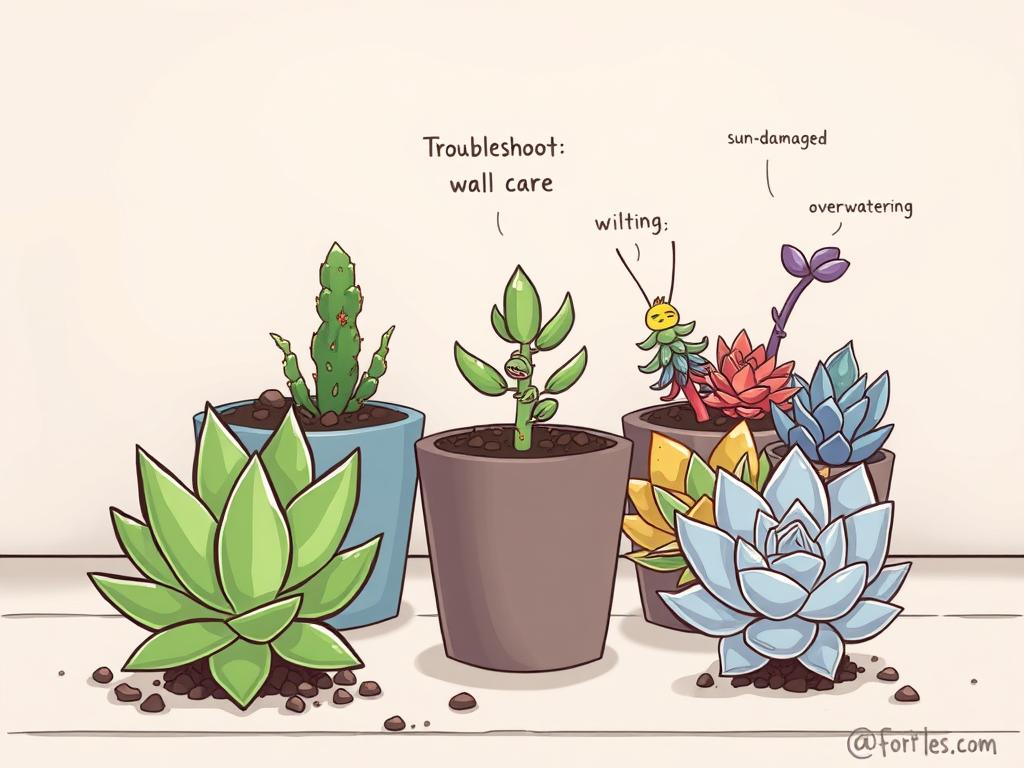 A neatly organized arrangement of succulents in various stages of growth, each representing a different troubleshooting issue. The foreground features a healthy, thriving succulent, while the middle ground showcases a wilting plant and a pest-infested specimen. The background subtly displays a sun-damaged succulent and one struggling with overwatering. Soft, diffused lighting illuminates the scene, creating a contemplative mood. The overall composition suggests a thoughtful exploration of the challenges and solutions in succulent care, inviting the viewer to engage with the topic.