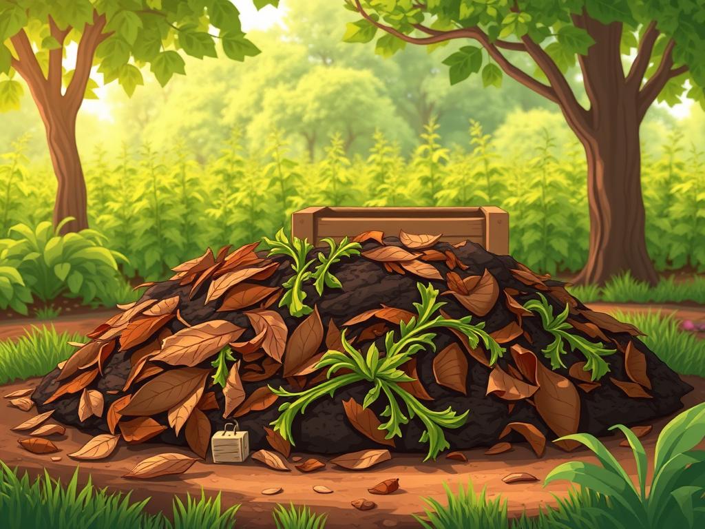 A neatly organized compost pile sits in a tranquil garden, surrounded by lush greenery. In the foreground, layers of organic matter - dry brown leaves, fresh green trimmings, and rich dark soil - are carefully arranged, creating a visually appealing composition. Warm, natural lighting filters through the scene, casting soft shadows and highlighting the textures of the materials. The middle ground features a rustic wooden bin or enclosure, blending seamlessly with the earthy tones. In the background, a verdant backdrop of trees and plants provides a serene, inviting atmosphere, conveying the idea of a thriving, self-sustaining ecosystem. The overall image radiates a sense of harmony and the promise of nutrient-rich soil for a flourishing garden.