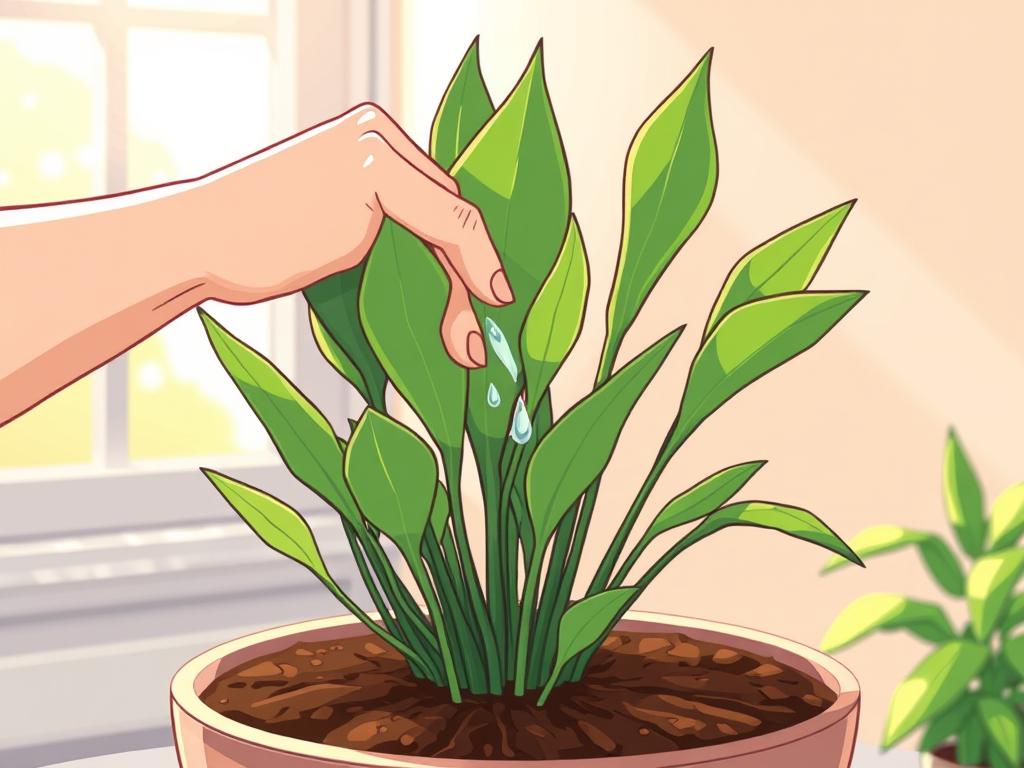A person's hand gently watering a lush, green arrowhead plant. The plant's distinctive arrow-shaped leaves are prominently featured, their vibrant hues contrasting with the soft, earthy tones of the soil. Sunlight filters through a window, creating a warm, natural lighting that casts gentle shadows across the scene. The background is softly blurred, keeping the focus on the delicate act of caring for the plant. The overall mood is one of tranquility and mindful attention, capturing the essence of proper watering and soil maintenance for this easygoing houseplant.