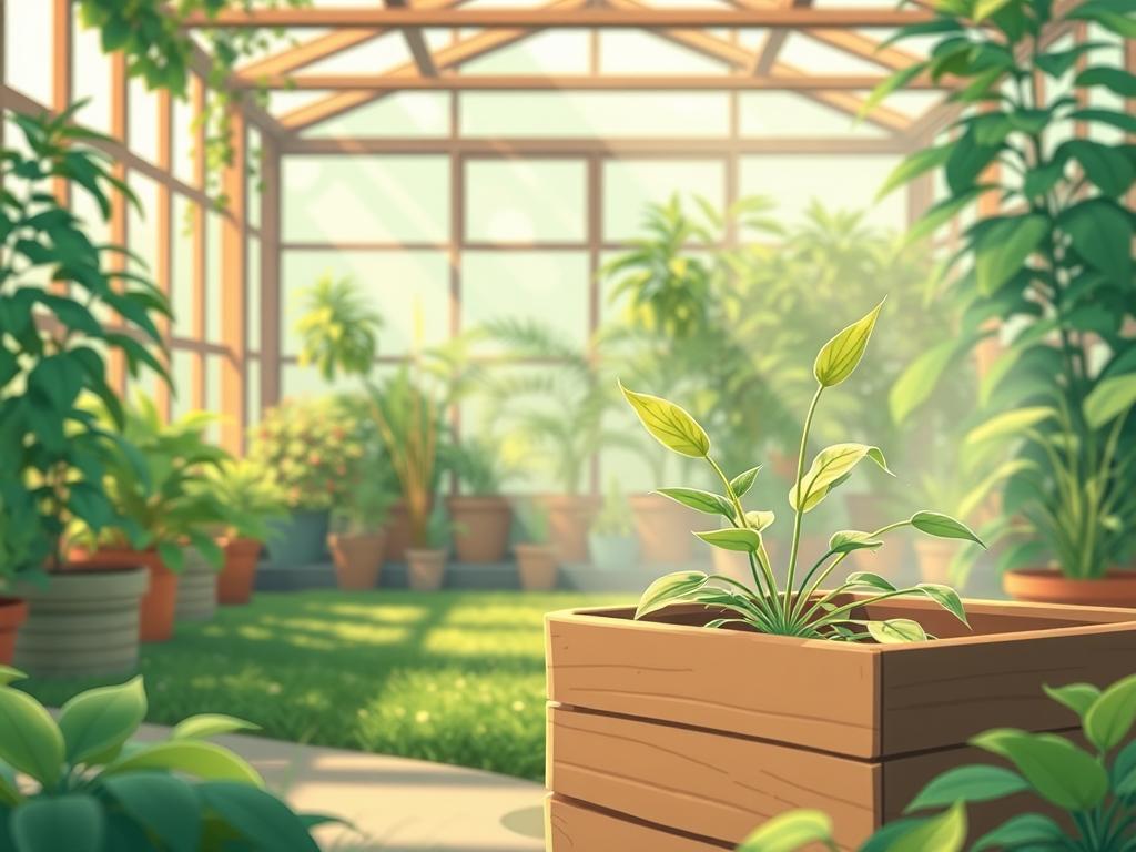 A serene, well-lit greenhouse interior with lush, verdant foliage. In the foreground, a wooden planter box houses a sensitive plant, its delicate leaves gently unfurling. Soft, diffused natural light filters through the glass walls, casting a warm, inviting glow. The middle ground showcases a variety of potted plants, their stems and leaves swaying softly in the tranquil atmosphere. In the background, a mist-filled air creates a dreamy, almost ethereal ambiance, complementing the overall peaceful and nurturing environment for the sensitive plant's optimal growth.