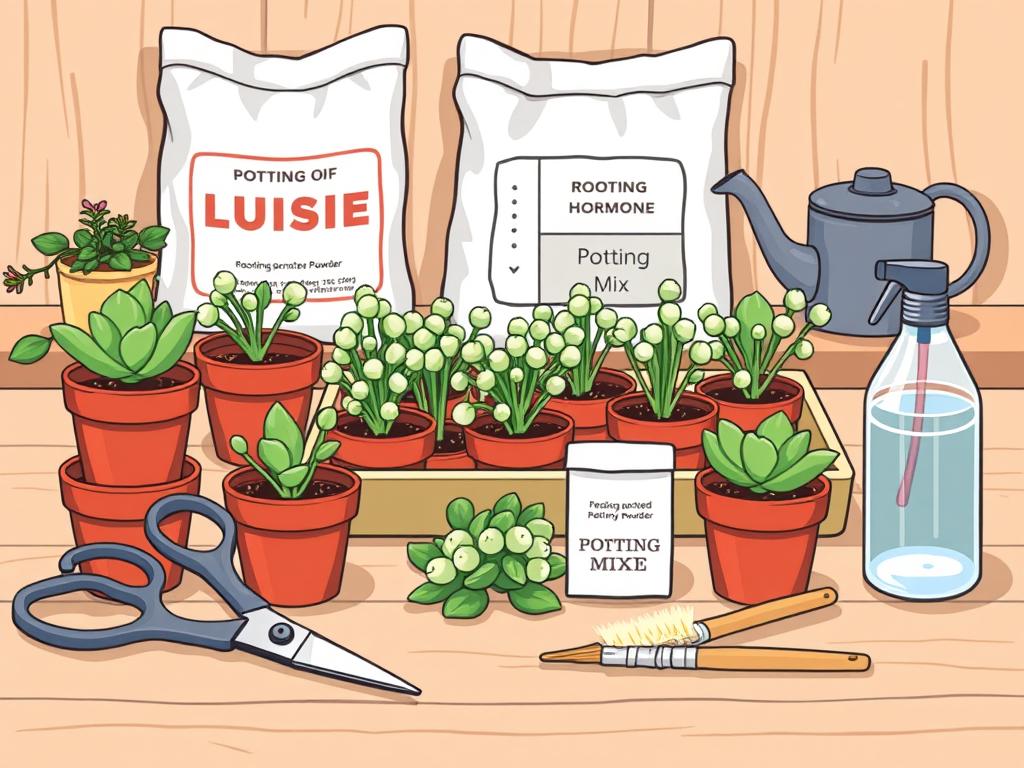 A still life scene of propagation supplies for a succulent, such as a string of pearls plant. In the foreground, arrange a selection of small terracotta pots, a sharp pair of pruning scissors, and a soft-bristled paintbrush. In the middle ground, place a tray of freshly harvested string of pearls cuttings, some rooting hormone powder, and a spray bottle filled with water. In the background, have a potting mix bag, a small watering can, and a wooden surface or shelf providing a natural, minimalist backdrop. The lighting should be soft and diffused, creating gentle shadows that accentuate the organic textures of the materials. Convey a sense of care, attention to detail, and preparedness for the propagation process.
