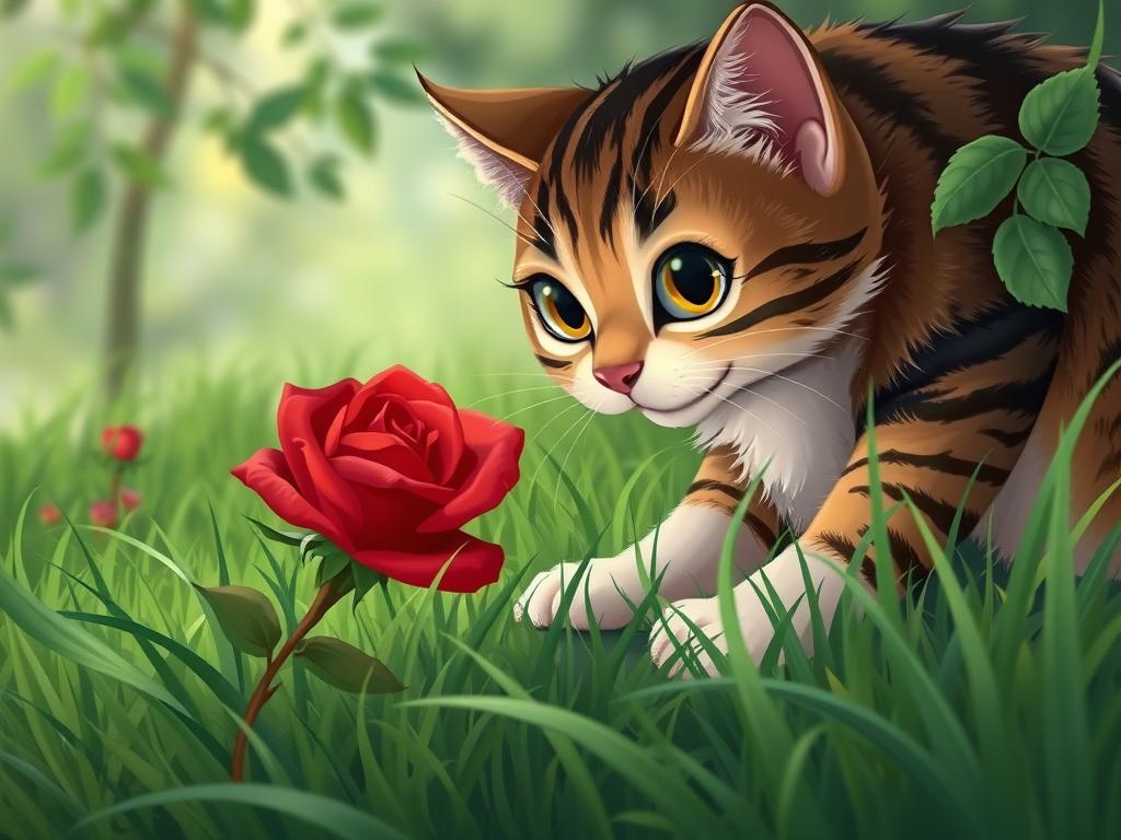 A tabby cat, its eyes wide with curiosity, gently sniffs a vibrant red rose, its petals delicately unfurled. The cat's paws rest on a lush, verdant carpet of grass, with blades swaying in a soft breeze. Soft, diffused lighting bathes the scene, creating a sense of tranquility and wonder. In the distance, a gentle blur of foliage provides a natural backdrop, framing the captivating interaction between the feline and the rose. The image conveys the gentle, inquisitive nature of the cat, balanced by the fragile beauty of the flower, hinting at the potential risks of such an encounter.