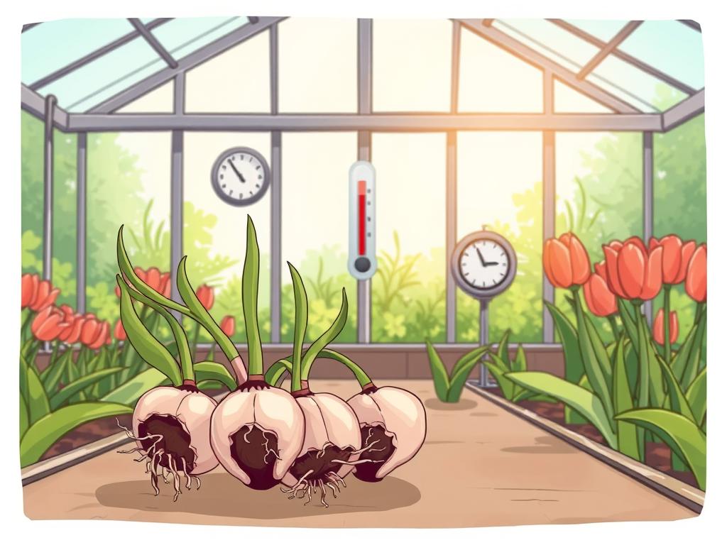 A tranquil greenhouse interior, with sunlight filtering through the glass panes. In the foreground, a cluster of tulip bulbs, their delicate roots and shoots exposed, conveying the essence of the "tulip triggers" - the biological mechanisms that initiate the bloom. The middle ground showcases a thermometer and a timer, representing the temperature and light cues that regulate the tulips' flowering cycle. In the background, a lush, verdant garden scene can be glimpsed, hinting at the broader natural context. The lighting is soft and natural, capturing the serene, scientific atmosphere. The camera angle is slightly elevated, offering a thoughtful, contemplative perspective on the subject matter.