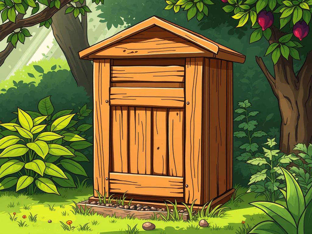 A well-designed, wooden compost bin with a slatted front panel, situated in a lush, green garden setting. The bin has a sloped roof and a hinged door for easy access. Dappled sunlight filters through the surrounding foliage, casting a warm, natural glow on the weathered, earthy tones of the wood. The bin is positioned on a slightly elevated platform, allowing for proper airflow and drainage. The overall scene conveys a sense of rustic, eco-friendly practicality, perfectly suited for a backyard composting setup.