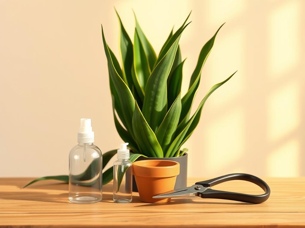 A well-lit, close-up studio shot of essential snake plant care items arranged on a minimalist, natural wood surface. In the foreground, a small terracotta pot, a spray bottle, and a pair of pruning shears. In the middle ground, a lush, verdant snake plant with thick, upright leaves. The background is softly blurred, creating a sense of depth and focus on the care products. Warm, natural lighting from the side casts gentle shadows, emphasizing the textures and details of the scene. The overall mood is one of simplicity, order, and reverence for the snake plant's hardy, low-maintenance nature.