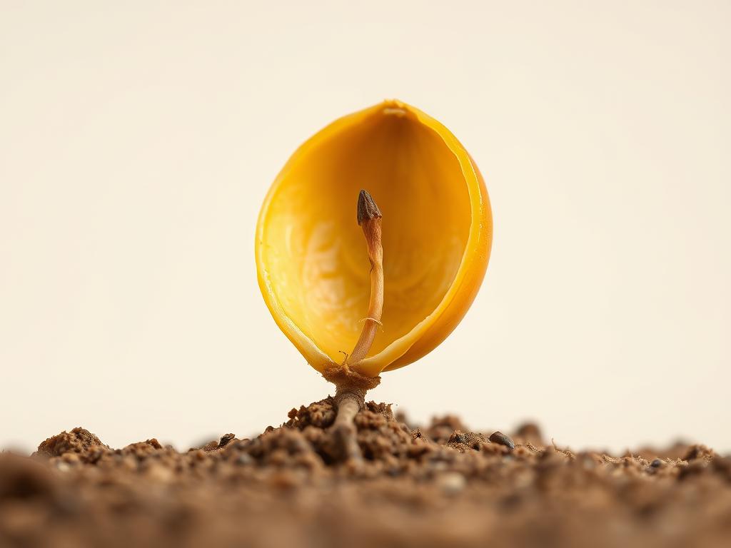 a close-up, highly detailed macro photograph of the germination process of a mango seed, showcasing the seed splitting open and the young root and shoot emerging. The image should be set against a clean, neutral background, with soft, even lighting that accentuates the delicate textures and colors of the germinating seed. The focus should be sharp, with a shallow depth of field to make the germinating seed the clear focal point. The overall mood should be one of natural wonder and the early stages of new life, conveying the optimism and promise of the mango seed's growth.