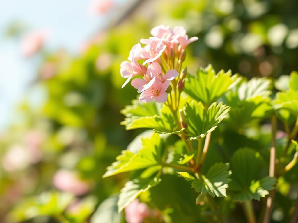 a close-up shot of a citronella geranium plant in full sunlight, with its lush green leaves and delicate pink flowers in focus. The plant is positioned in the center of the frame, with a soft, hazy background that suggests a warm, bright outdoor setting. The lighting is natural and slightly diffused, creating a gentle, glowing effect on the plant's foliage. The angle is slightly elevated, giving the viewer a slightly overhead perspective that emphasizes the plant's vibrant, thriving appearance. The overall mood is one of serenity and the sense of an ideal growing environment for this mosquito-repelling plant.