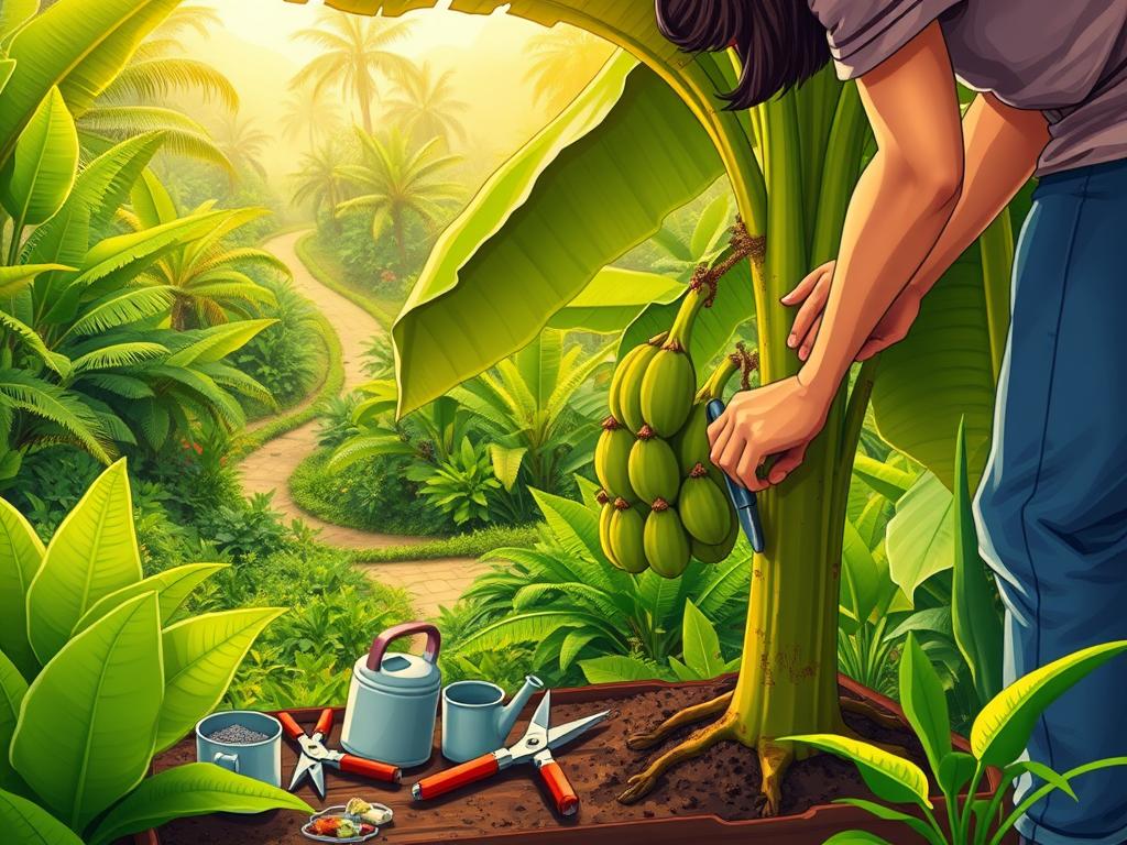 a detailed, realistic scene of a banana plant care routine in a lush, tropical garden setting. The foreground features a person carefully pruning and tending to a mature banana plant, with lush green leaves and emerging fruit clusters. The middle ground shows a collection of gardening tools, including pruning shears, watering cans, and soil amendments. The background depicts a vibrant, verdant landscape with other tropical foliage, a winding path, and warm, diffused sunlight filtering through the canopy. The scene conveys a sense of diligent care, attention to detail, and a harmonious relationship between the gardener and the thriving banana plant. Realistic lighting, depth of field, and natural textures enhance the overall impression of a tranquil, immersive banana plant care routine.