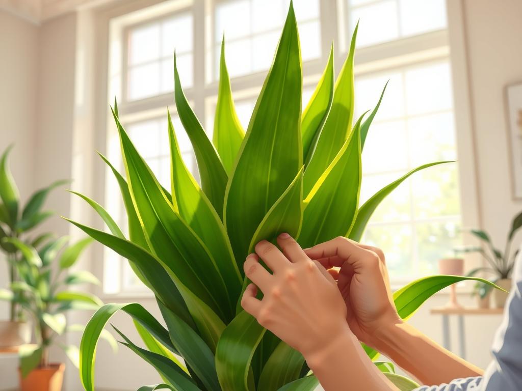 a highly detailed, realistic digital illustration of a person carefully tending to a lush, thriving snake plant. the scene is set in a bright, airy room with natural sunlight streaming in through large windows. the foreground features the person's hands delicately pruning the plant's leaves, while the middle ground showcases the plant's vibrant, elongated foliage in various shades of green. the background includes minimal decor, emphasizing the serene, restorative atmosphere. the lighting is soft and diffused, creating a tranquil, inviting mood. the composition is balanced and focused, drawing the viewer's attention to the act of nurturing the snake plant.