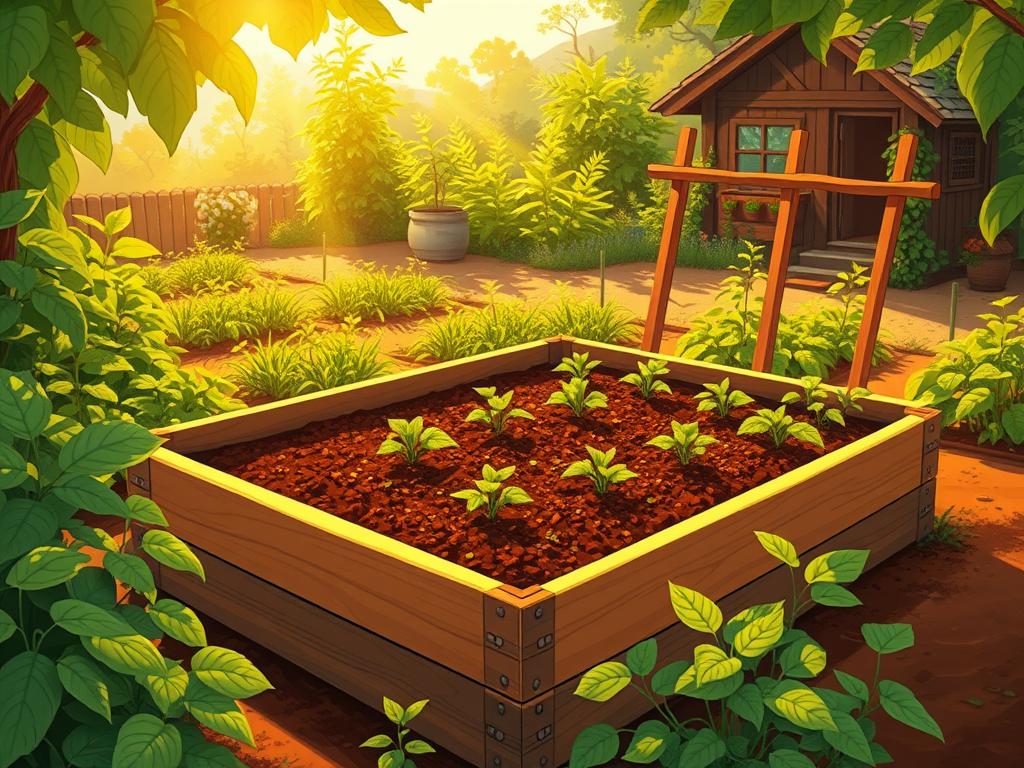 a raised garden bed with wooden frame, filled with rich dark soil, surrounded by lush greenery. Warm afternoon sunlight filters through the leaves, casting soft shadows across the scene. The bed is situated on a slight slope, creating a natural and inviting composition. Wooden supports and trellises stand ready to guide the growth of climbing plants. In the background, a cozy cottage or shed is visible, hinting at a peaceful, productive homestead. The overall atmosphere conveys a sense of tranquility, abundance, and thoughtful garden design.