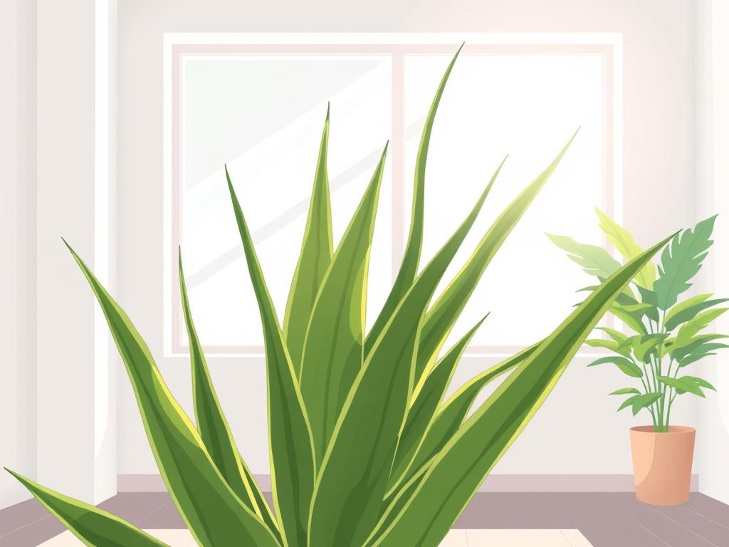 a well-lit indoor space with a large snake plant occupying the foreground, its elongated, sword-shaped leaves illuminated by natural light streaming in through a large window in the background. The lighting is soft and diffused, casting gentle shadows and highlights across the plant's lush, green foliage. The room is minimalist and serene, with clean lines and neutral tones that allow the snake plant to be the focal point. The composition emphasizes the plant's graceful form and the importance of providing the right light conditions for it to thrive indoors, as per the article's "Essential Environment Requirements" section.
