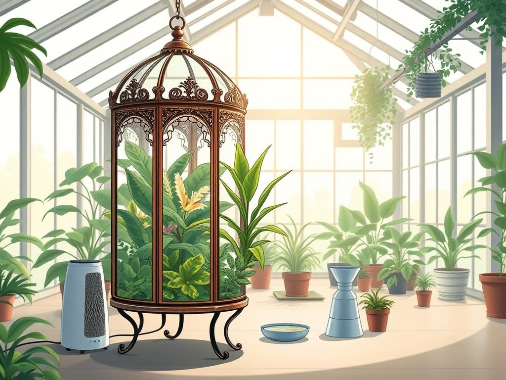 a well-lit, spacious greenhouse interior with indirect natural light filtering in through large windows, casting a soft, even glow across the scene. in the foreground, an ornate, antique-style glass terrarium filled with lush, verdant foliage and delicate flora, including a centrally-placed rattlesnake plant. the terrarium is elevated on a sleek, modern metal stand, creating a stylish, harmonious contrast. the middle ground features various humidity-enhancing setup elements, such as a small, minimalist humidifier and a shallow tray of water, both complementing the plant's needs. the background showcases additional thriving houseplants and subtle decor, establishing a serene, plant-focused atmosphere.