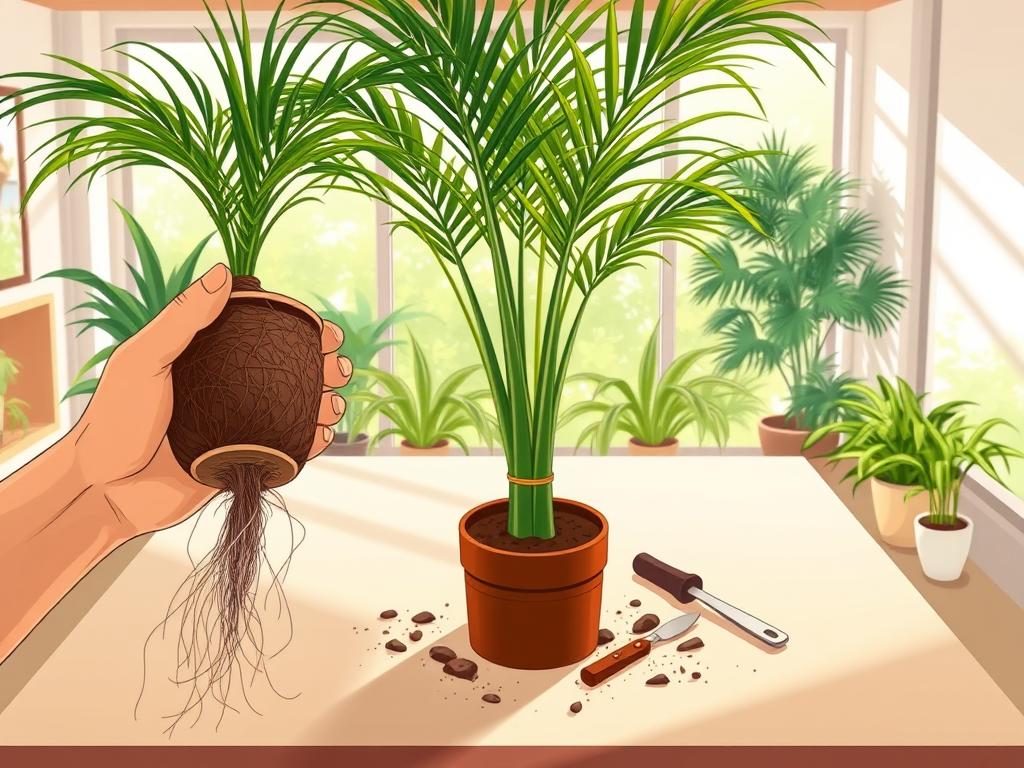 A bright, well-lit indoor scene showcasing the step-by-step process of repotting a ponytail palm plant. In the foreground, large hands gently remove the plant from its old container, exposing the intricate root system. In the middle ground, a clean, spacious work surface displays a new, larger planter, fresh soil, and repotting tools. The background features a natural, plant-filled setting, providing a serene, nurturing atmosphere. Soft, directional lighting casts warm shadows, emphasizing the delicate care required for this delicate horticultural task. The overall composition highlights the artful, methodical approach to successfully repotting a ponytail palm for optimal growth and health.