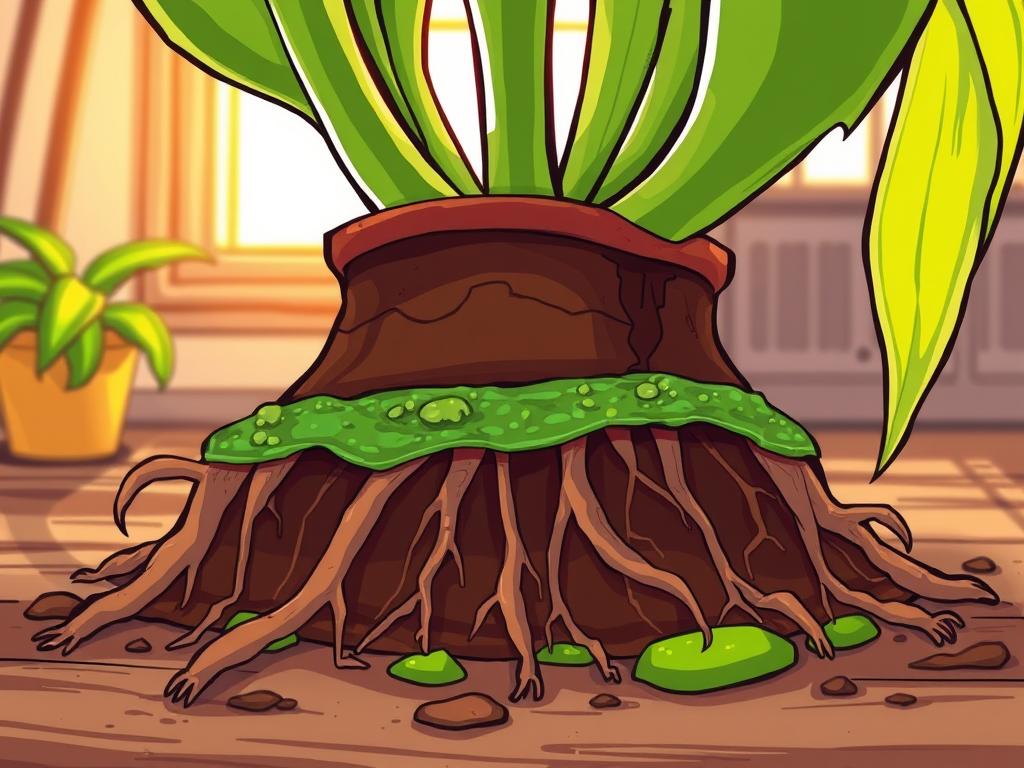 A close-up view of a snake plant's root system, revealing signs of root rot and light deficiency. The foreground shows a cross-section of the plant's soil, with discolored, mushy roots and a layer of algae growth on the surface. The middle ground features the plant's base, with yellowing, drooping leaves that indicate a lack of proper lighting. The background showcases a warm, natural lighting source, such as a window or lamp, to emphasize the need for adequate illumination. The scene is captured with a shallow depth of field, allowing the key details to be in sharp focus, conveying a sense of troubleshooting and problem-solving.