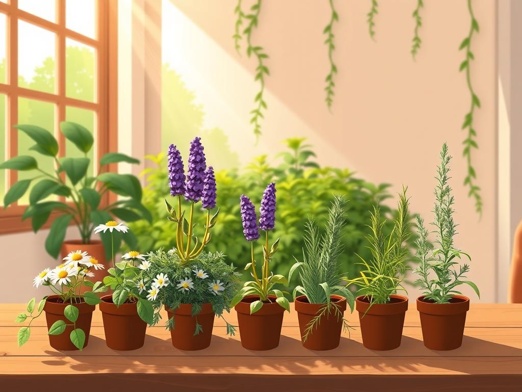 A cozy indoor garden setting, bathed in warm natural light filtering through large windows. In the foreground, a collection of small potted medicinal herbs - chamomile, lavender, and rosemary - arranged harmoniously on a wooden table. The middle ground features lush green foliage and trailing vines, creating a soothing, therapeutic atmosphere. In the background, a simple neutral-toned wall acts as a calming backdrop, allowing the vibrant herbs to take center stage. The composition is balanced, with a sense of tranquility and simplicity, perfectly capturing the essence of beginner-friendly medicinal herbs to start an indoor herb garden.
