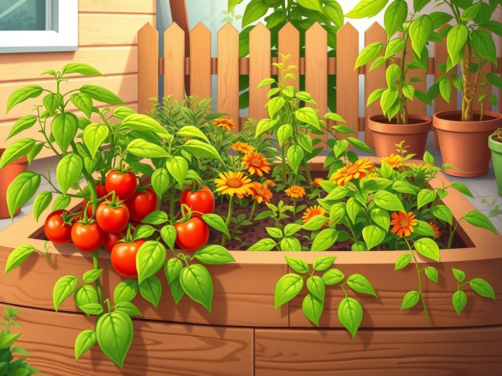 A cozy raised garden bed nestled in a small urban backyard, its wooden planks filled with lush greenery. In the foreground, vibrant tomato plants and bell peppers thrive, their leaves gently swaying in the soft light. The middle ground showcases a mix of companion plants like marigolds and basil, their colors and aromas complementing the vegetables. In the background, a charming wooden fence and a few potted plants create a sense of warmth and enclosure, making the most of the limited space. The scene is illuminated by a soft, natural lighting that casts gentle shadows, evoking a peaceful and productive atmosphere.