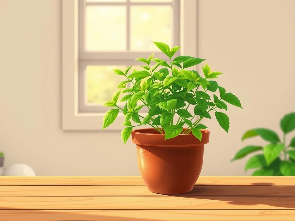 A cozy, well-lit indoor scene featuring a thriving mint plant on a wooden table. Bright, diffused natural light streams in through a window, casting a warm glow on the lush, vibrant green foliage. The plant is potted in a rustic terracotta container, its leaves gently swaying. The background is a minimalist, neutral-toned wall, allowing the plant to take center stage. The composition showcases the plant's healthy growth, highlighting the essential tips for successfully growing mint indoors, such as ample sunlight, appropriate container size, and proper watering. The overall mood is serene and inviting, inspiring the viewer to cultivate their own thriving indoor mint garden.