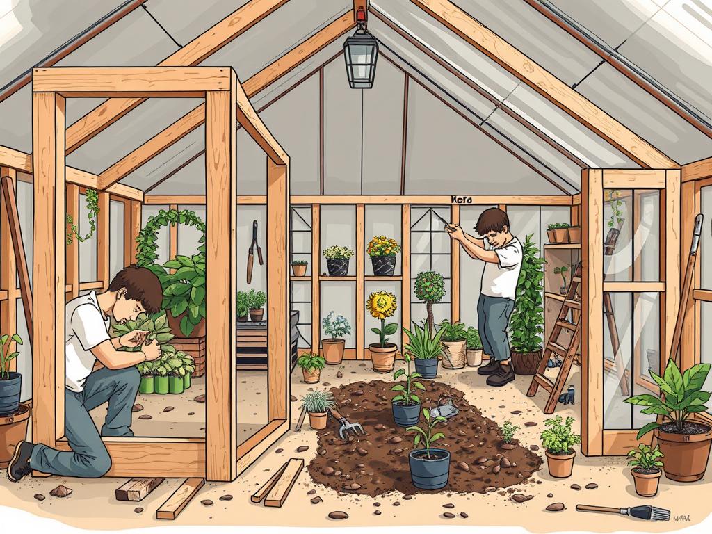 A detailed step-by-step guide to constructing a greenhouse, showcasing the various stages of the building process. In the foreground, a worker carefully assembles the wooden frame, measuring and cutting the pieces with precision. In the middle ground, another worker installs the transparent panels, creating the greenhouse's protective shell. The background features an array of garden tools, soil, and potted plants, setting the scene of a functional, well-equipped greenhouse. Soft, diffused lighting illuminates the scene, conveying a sense of warmth and productivity. The composition emphasizes the methodical, hands-on nature of the greenhouse construction, inviting the viewer to envision the satisfying process of building their own.