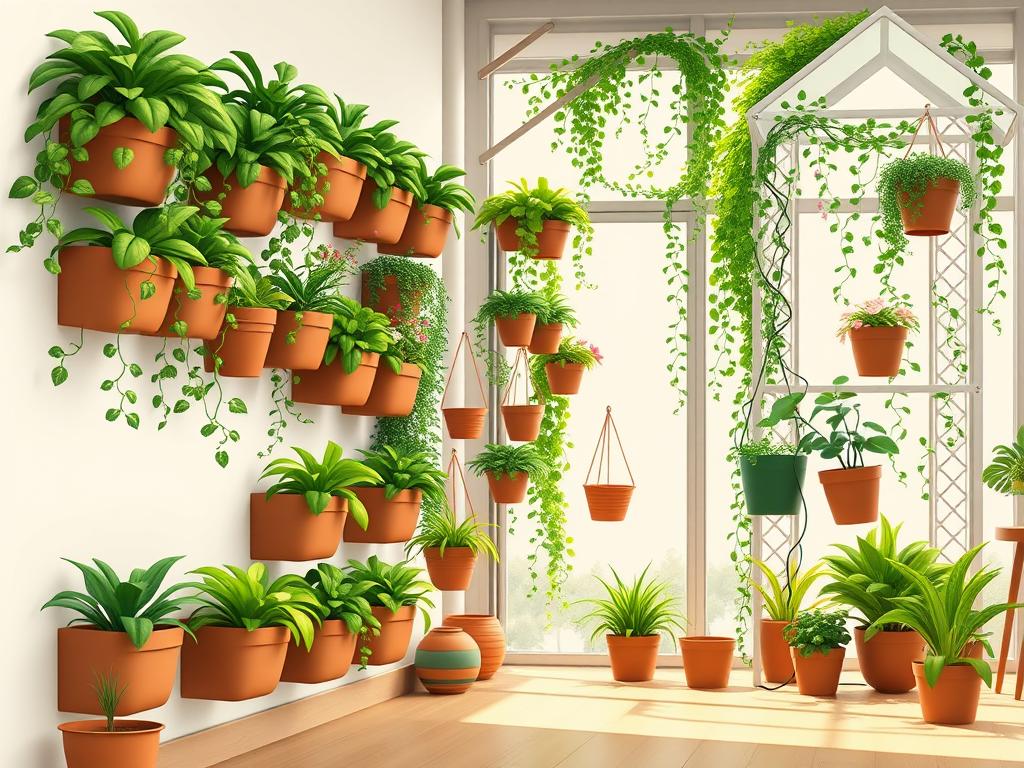 A harmonious arrangement of vertical garden kits, meticulously crafted for modern urban apartments. In the foreground, sleek modular planters in earthy tones cascade down the wall, their lush foliage cascading gracefully. The middle ground showcases a variety of self-watering systems and hanging baskets, enabling a verdant display even in limited spaces. In the background, a softly lit greenhouse-inspired structure houses trailing vines and delicate flowers, creating a serene, botanical oasis. The overall scene exudes a sense of tranquility and sustainability, inviting the viewer to envision the transformative potential of these space-saving vertical garden solutions.