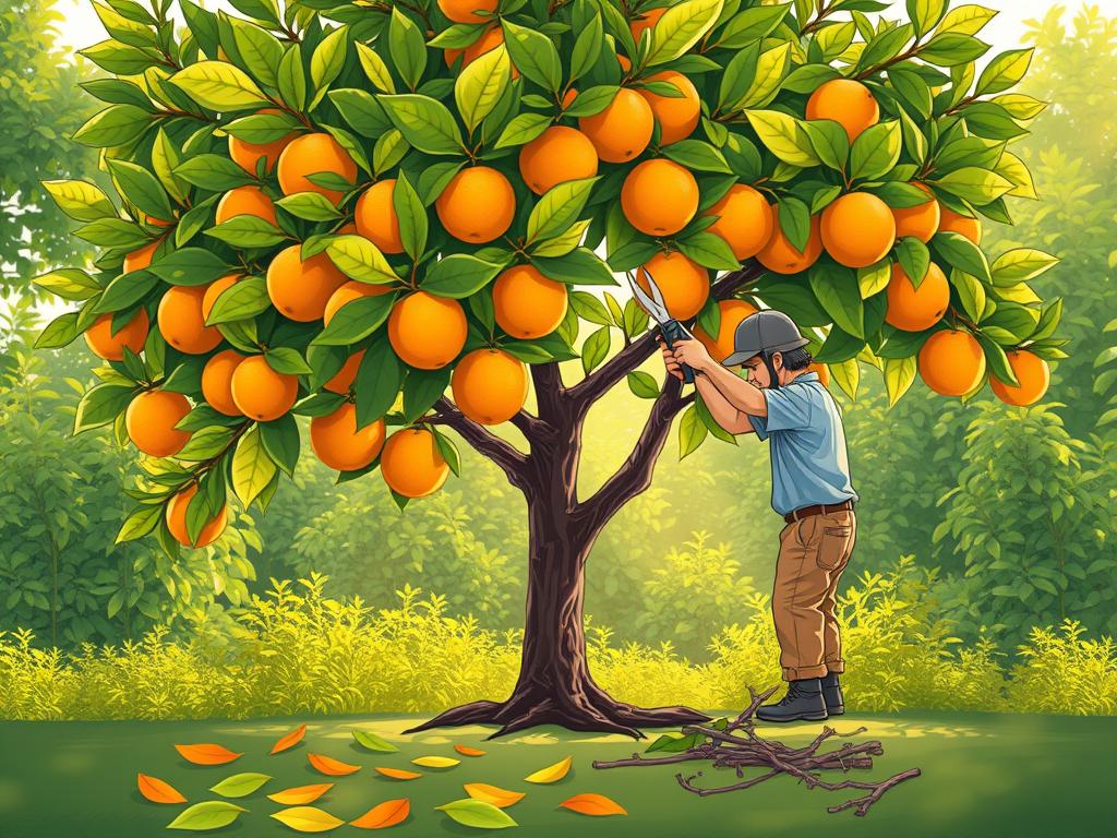A lush citrus tree in a sun-dappled garden, its glossy green leaves and vibrant orange fruits commanding attention. In the foreground, a gardener tenderly prunes the branches, carefully shaping the tree's form. Midground, a scatter of fallen leaves and pruned twigs hint at the meticulous care required. The background features a backdrop of verdant foliage, creating a serene, natural setting. Soft, warm lighting filters through the canopy, casting a gentle glow over the scene. The overall composition conveys the dedication and attention needed to maintain a thriving, bountiful citrus tree.