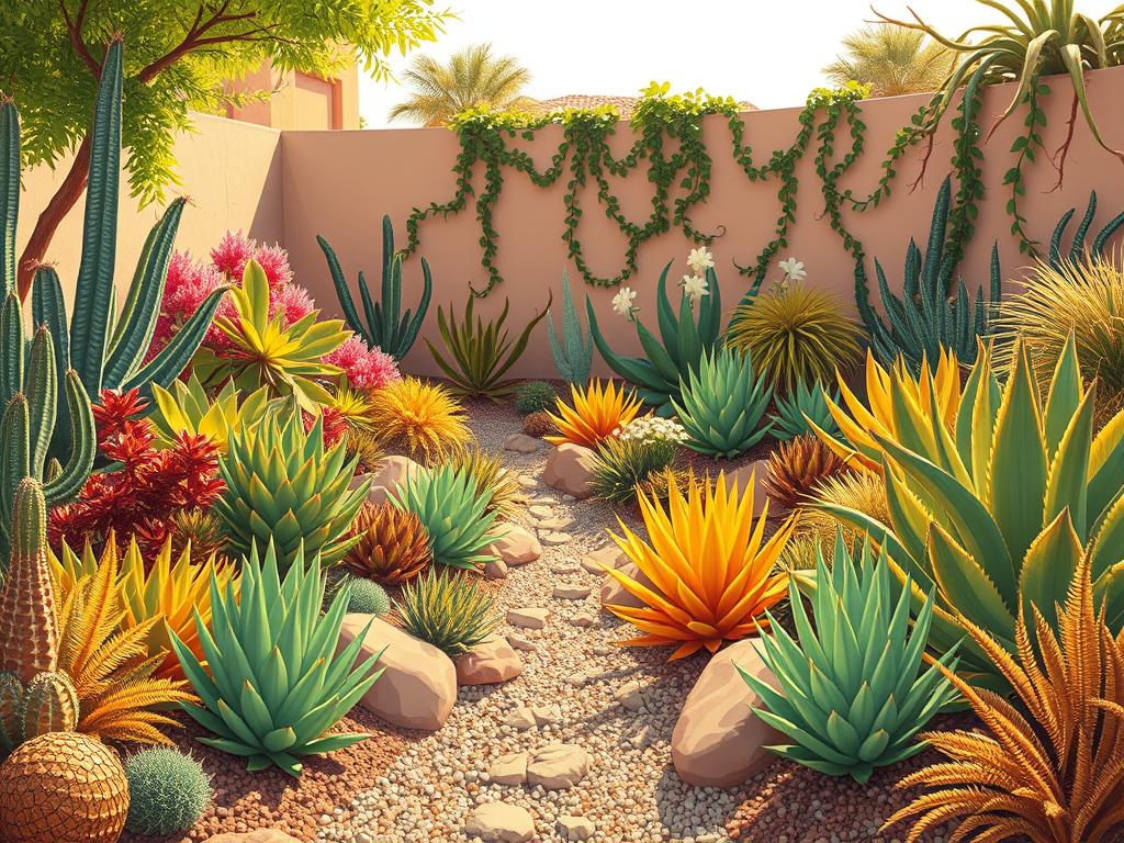 A lush, drought-resistant garden design featuring a variety of native plants in a warm, Mediterranean-inspired setting. In the foreground, a diverse array of succulents, agave, and yucca plants thrive, their textured leaves and vibrant colors creating a striking visual contrast. In the middle ground, a dry streambed winds through the scene, lined with gravel and boulders that complement the earthy tones. In the background, a low wall or fence frames the garden, adorned with cascading vines and trailing plants that add depth and movement. The lighting is warm and natural, casting soft shadows that accentuate the sculptural forms of the plants. The overall atmosphere conveys a sense of tranquility, resilience, and harmony with the surrounding environment.