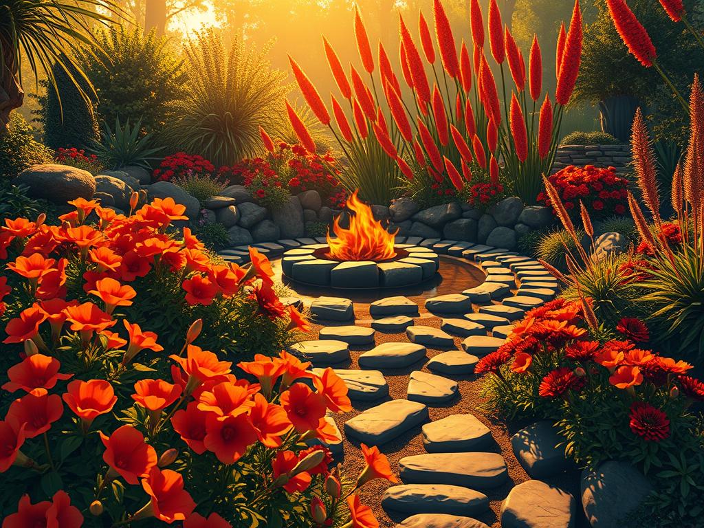 A lush, fire-inspired garden design blooming with vibrant flowers and foliage. In the foreground, clusters of fiery red and orange blooms sway gently in a warm breeze, their petals casting a soft, flickering glow. Meandering paths of dark, smooth stones wind through the middle ground, leading the eye to a central focal point - a tranquil pond reflecting the flames of a crackling fire pit. Towering, sculptural plants with fiery-hued leaves and stems rise up in the background, creating a sense of depth and drama. Dramatic shadows and highlights accentuate the textures and forms, evoking the raw, untamed energy of the Aries zodiac. Warm, golden sunlight filters through the garden, casting a radiant, energetic atmosphere.