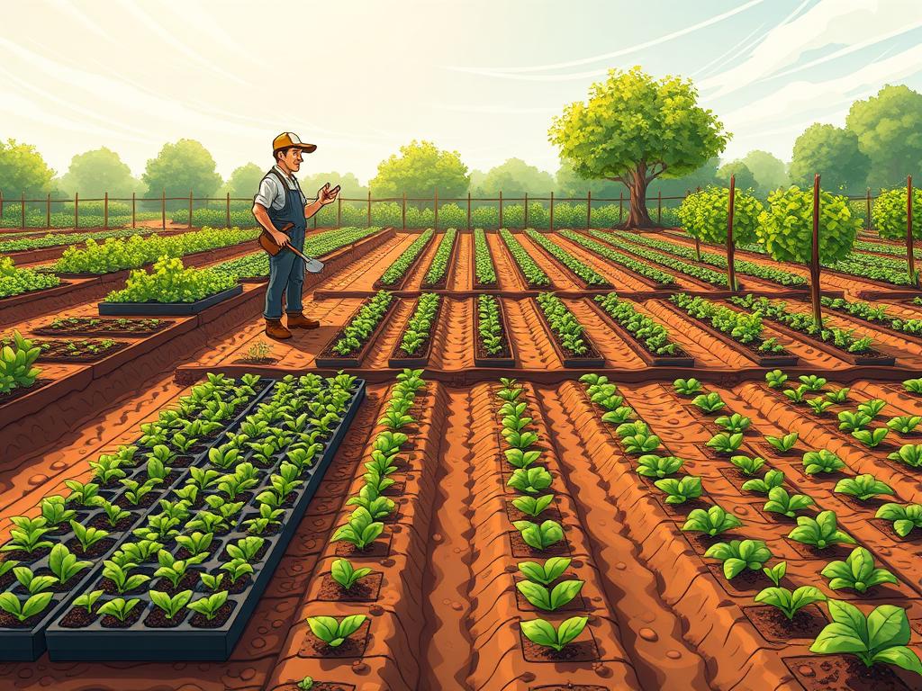 A lush garden in early spring, the soil freshly tilled and ready for planting. A farmer, tools in hand, stands contemplating the ideal crop layout for the season. Vibrant seedlings in trays await their new home, the promise of a bountiful harvest. Soft, natural lighting filters through wispy clouds, casting a warm glow over the scene. Precise rows and columns of planting beds stretch out, mapping the optimal growing conditions for each plant variety. The overall atmosphere is one of careful planning, quiet anticipation, and the cycle of renewal that marks the start of the growing season.