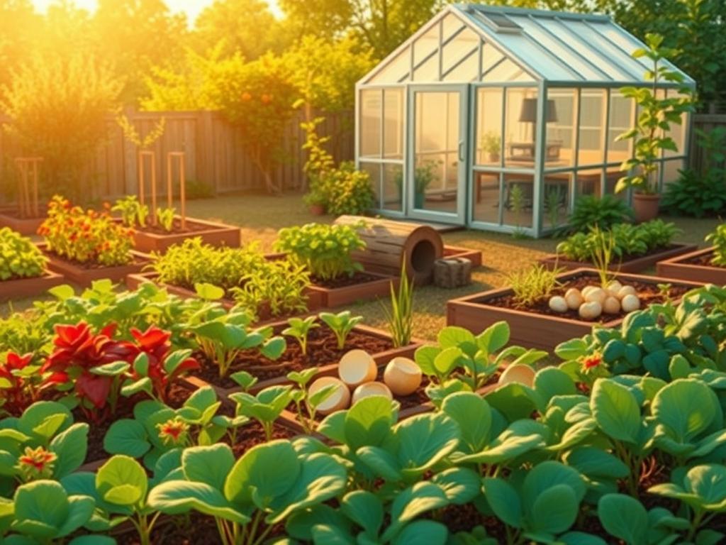 A lush, meticulously designed zero-waste garden layout with raised garden beds, composting area, and cleverly integrated repurposed kitchen scraps. The foreground showcases a neatly arranged array of vegetable and herb plants, their leaves and stems in vibrant greens and reds. The middle ground features artfully placed logs, twigs, and eggshells serving as natural fertilizers and pest deterrents. In the background, a stylish, minimalist greenhouse structure casts gentle shadows, complementing the overall organic, eco-friendly aesthetic. The scene is bathed in warm, golden afternoon light, creating a serene, inviting atmosphere. The camera angle is slightly elevated, providing a harmonious, bird's-eye view of the carefully crafted, sustainable garden design.