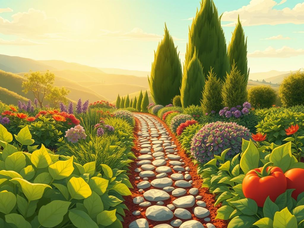 A lush, meticulously planned garden bed, illuminated by soft, golden sunlight filtering through wispy clouds. In the foreground, vibrant vegetables and herbs in neat rows, their leaves gently rustling. In the middle ground, a winding path of smooth pebbles leads the eye deeper into the scene, framed by carefully arranged flowering plants and towering, verdant shrubs. The background features a backdrop of rolling hills and a hazy, azure sky, creating a sense of tranquility and harmony. The overall composition conveys a balance of order and natural beauty, inspiring the viewer to envision their own edible landscape design.