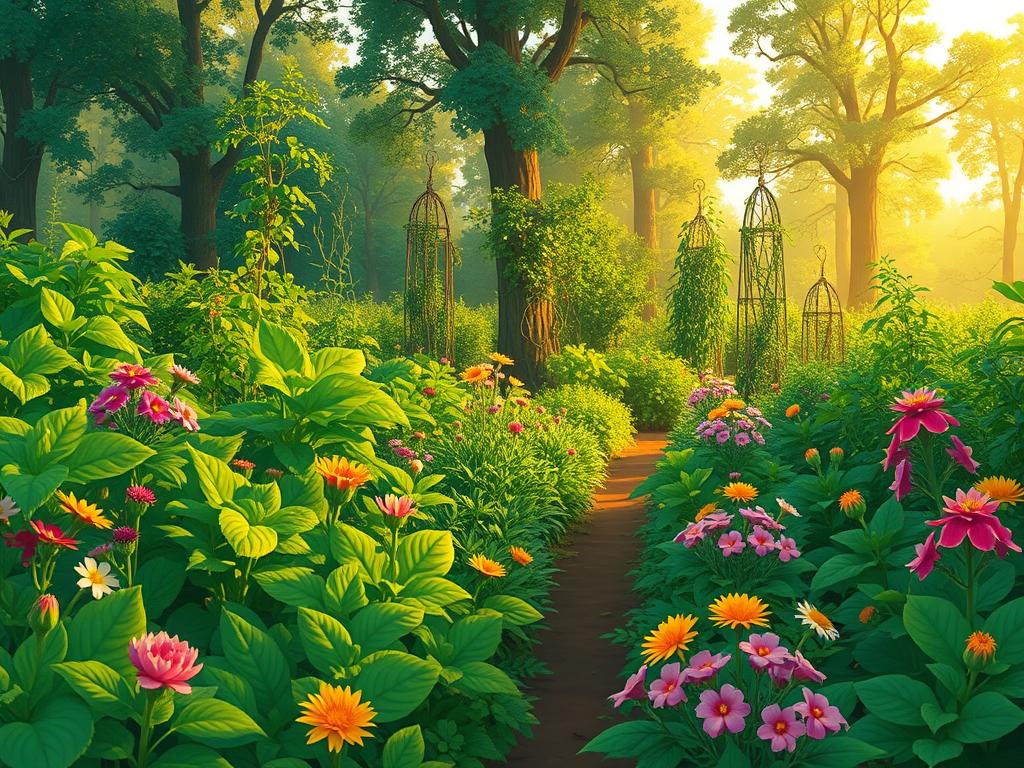 A lush, meticulously planned garden filled with thriving, complementary plants. In the foreground, rows of leafy greens and vibrant flowers intermingle, their verdant foliage and blooming petals creating a tapestry of color. In the middle ground, stout, productive vegetable plants stand tall, their leaves and stems entwined with climbing vines and trailing tendrils. In the background, a backdrop of towering, mature trees filters the warm, golden afternoon sunlight, casting a gentle, dreamy glow over the entire scene. The overall composition evokes a sense of harmony, balance, and the profound interconnectedness of nature.