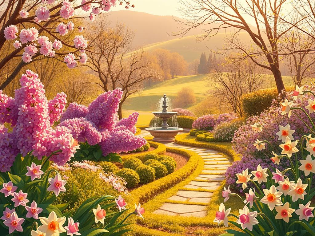 A lush, rejuvenating spring garden, bathed in warm, golden sunlight. In the foreground, vibrant blooms burst forth - delicate cherry blossoms, fragrant lilacs, and cheerful daffodils swaying gently. A winding garden path leads the eye through the scene, flanked by verdant shrubs and budding trees. In the middle ground, a small, bubbling fountain adds a soothing, rejuvenating ambiance, its crystal-clear waters reflecting the surrounding flora. In the distance, a gently rolling hillside frames the tranquil, serene landscape, hinting at the abundance and renewal of the season. The overall mood is one of fresh, invigorating growth and a sense of hopeful rebirth.