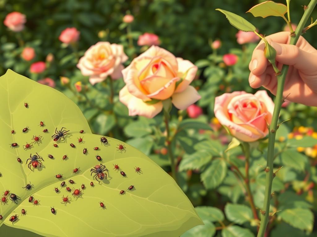 A lush rose garden in soft afternoon light, showcasing various pests and diseases affecting the plants. In the foreground, a close-up of a rose leaf infested with aphids and spider mites, their delicate forms captured in intricate detail. The middle ground features a wilting, discolored rose bloom, the result of a fungal infection like black spot or powdery mildew. In the background, a gardener's hand carefully examines a thorny stem, searching for signs of damage from thrips or japanese beetles. The scene conveys the challenges of rose pest and disease management, inviting the viewer to learn more about the strategies to maintain a healthy, vibrant rose garden.