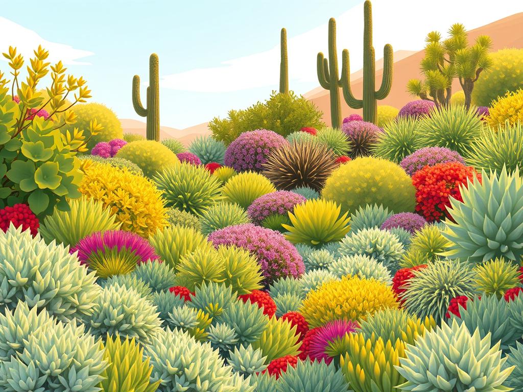 A lush, sun-dappled garden filled with a diverse array of drought-resistant native shrubs and groundcovers. In the foreground, cascading succulents and low-growing, silvery-green foliage plants form a soft, textural tapestry. Further back, compact, rounded shrubs in shades of green, purple, and red dot the scene, their resilient leaves gently swaying in the warm breeze. Towering in the background, tall, spiky yuccas and agaves rise up, their architectural forms creating a dramatic silhouette against a cloudless, azure sky. The whole scene is bathed in a warm, golden light, evocative of a Mediterranean climate, and conveying a sense of resilience and beauty in the face of arid conditions.